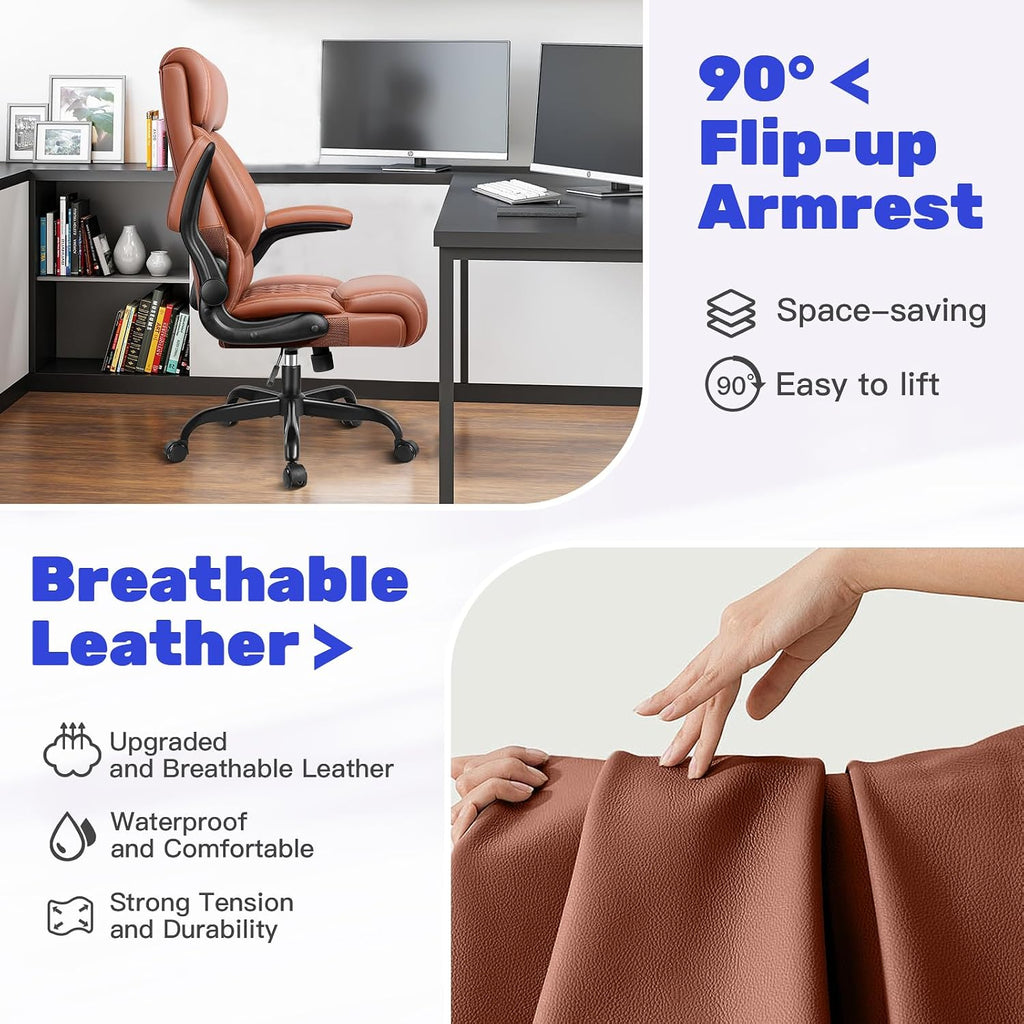 High Back Executive Office Chair - Ergonomic Computer Desk with Rocking Function, Leather Managerial with Adjustable Flip-Up Armrests and Lumbar Support