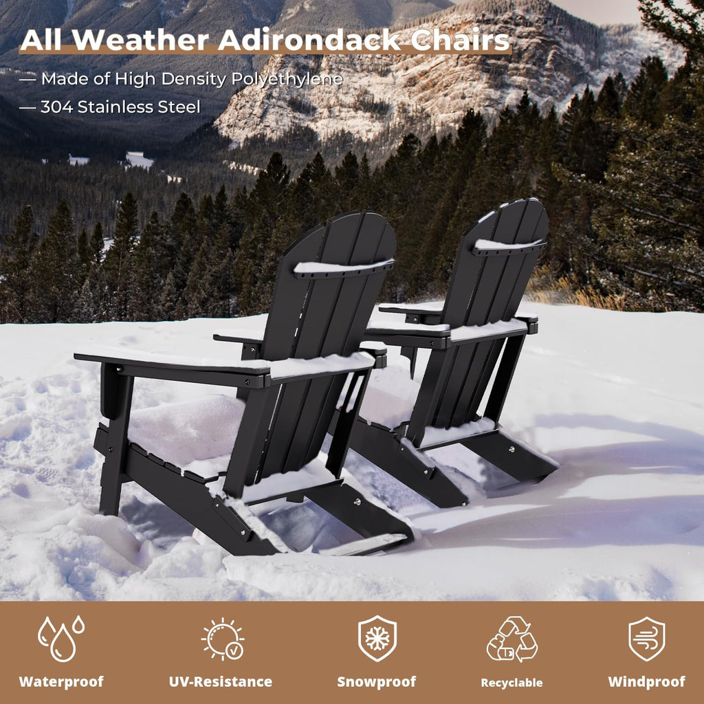 BRIOPAWS Folding-Adirondack-Chairs Set of 2 | HDPE Plastic | Fire Pit Chair | Cup Holder | Curved Back | All Weather| for Outdoor Backyard Deck Patio | Black