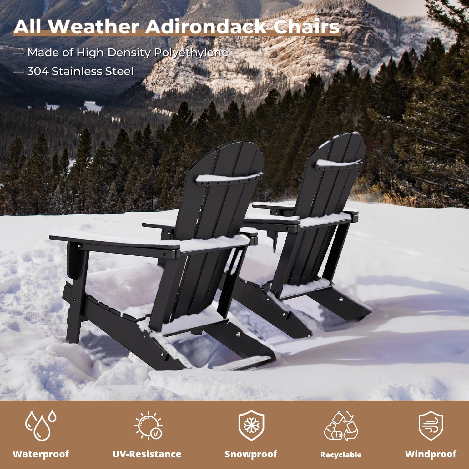 BRIOPAWS Folding-Adirondack-Chairs Set of 2 | HDPE Plastic | Fire Pit Chair | Cup Holder | Curved Back | All Weather| for Outdoor Backyard Deck Patio | Black