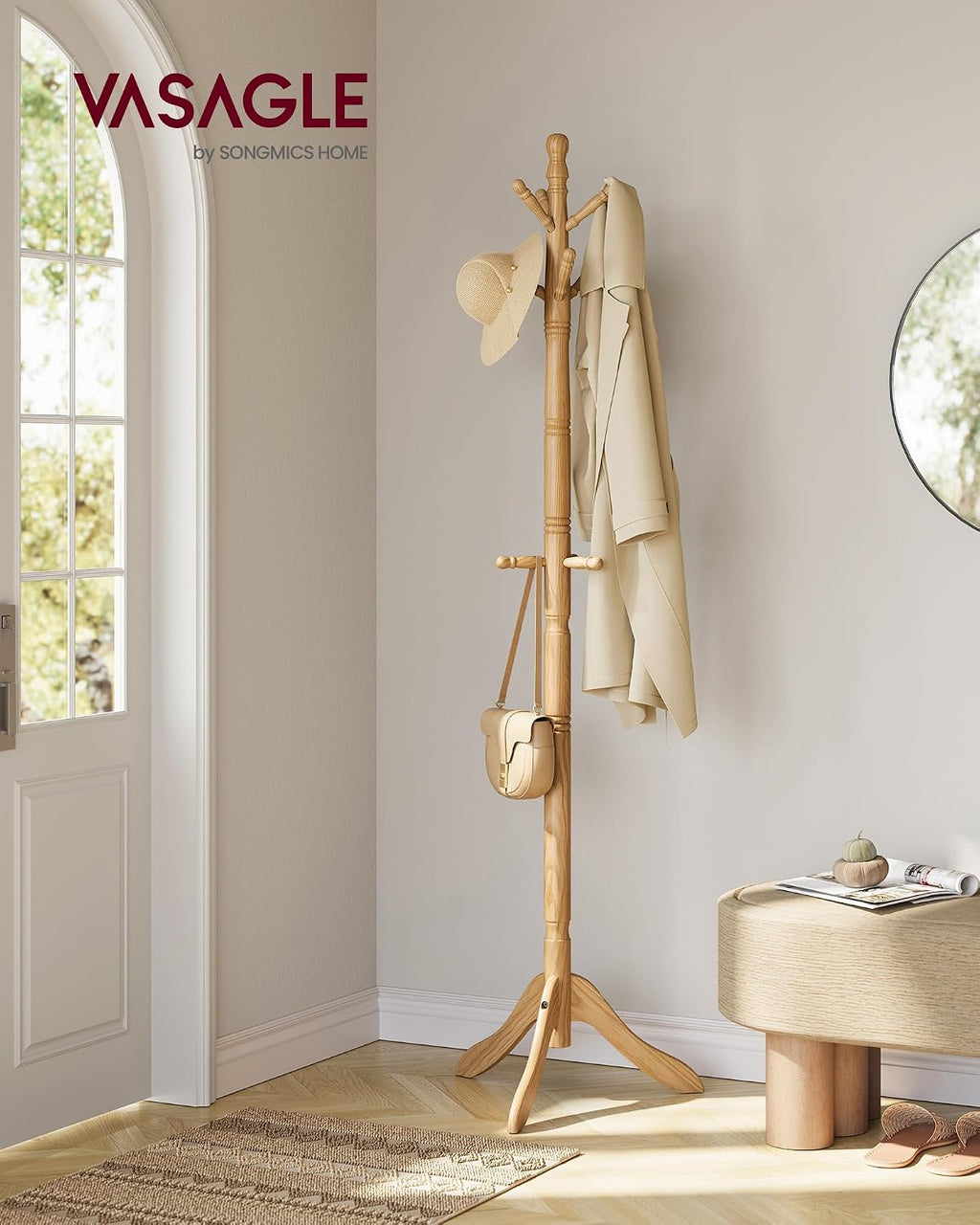 VASAGLE Solid Wood Coat Rack and Stand, Free Standing Hall Coat Tree with 10 Hooks for Hats, Bags, Purses, for Entryway, Hallway, Rubberwood, Natural Beige URCR003Y01