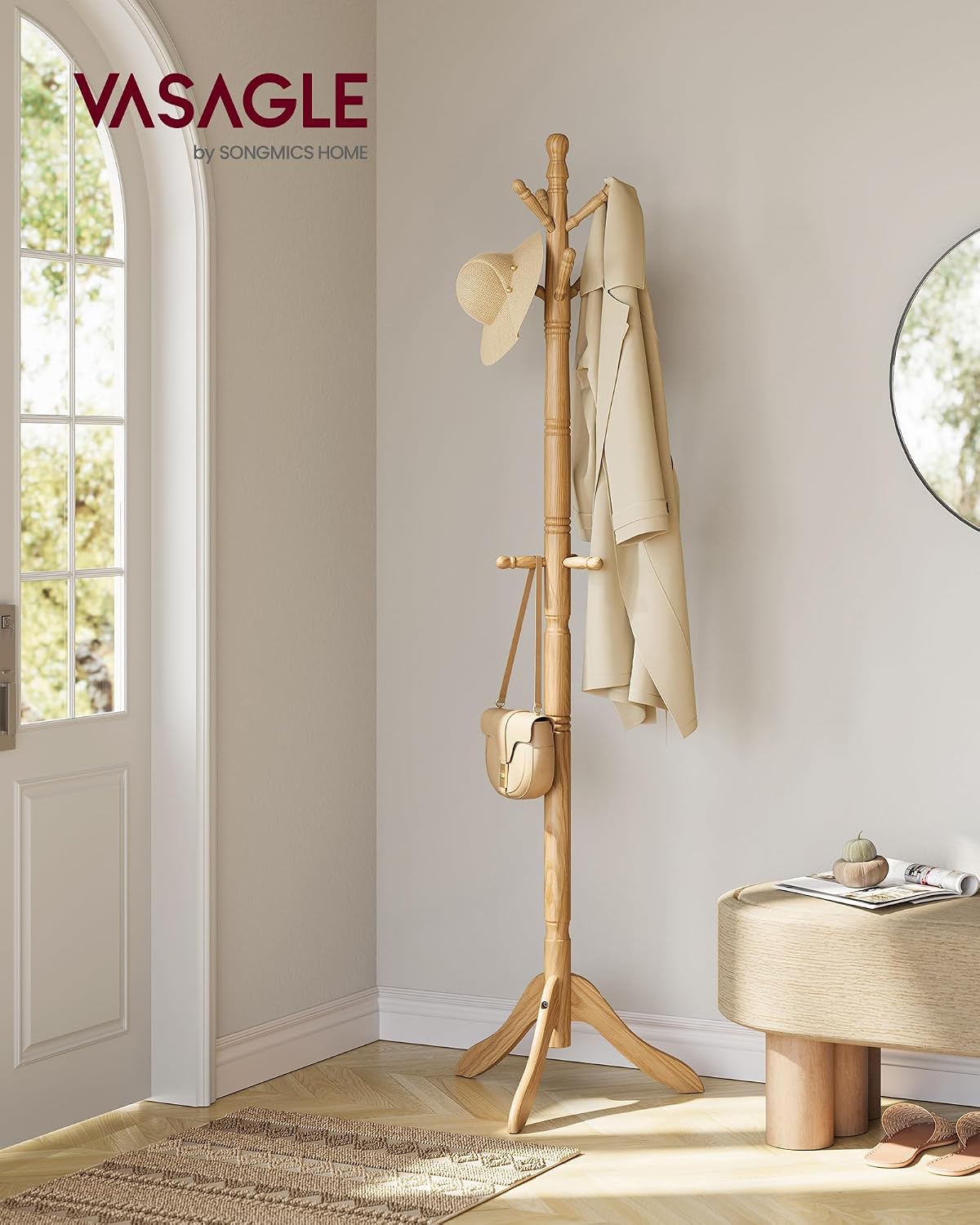 VASAGLE Solid Wood Coat Rack and Stand, Free Standing Hall Coat Tree with 10 Hooks for Hats, Bags, Purses, for Entryway, Hallway, Rubberwood, Natural Beige URCR003Y01
