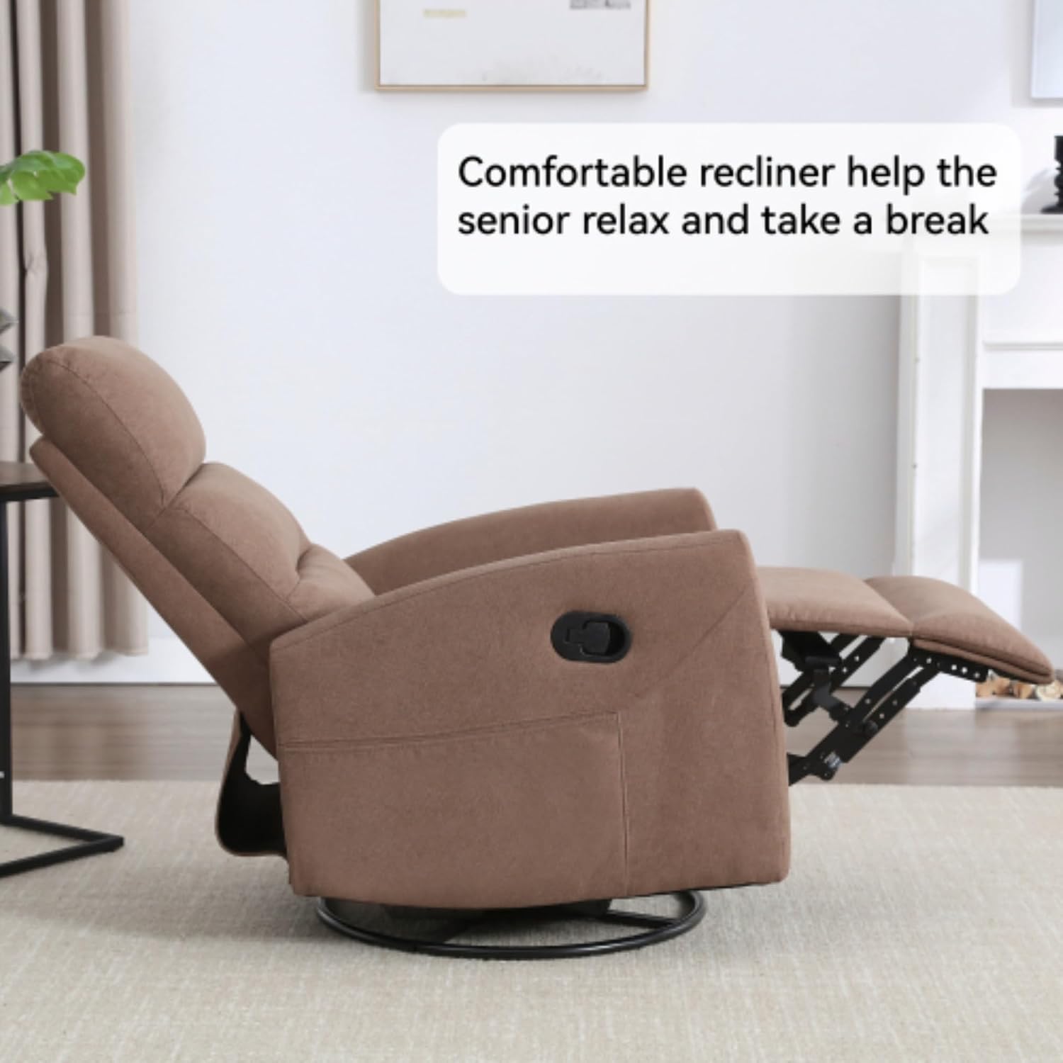 Manual Swivel Rocking Recliner Chair, Fabric Upholstered Glider Seat with 155 Degree Backrest Adjustment, Side Pull Handle, Foam Cushioned Support, Pocket Storage, Living Room Nursery (Brown)
