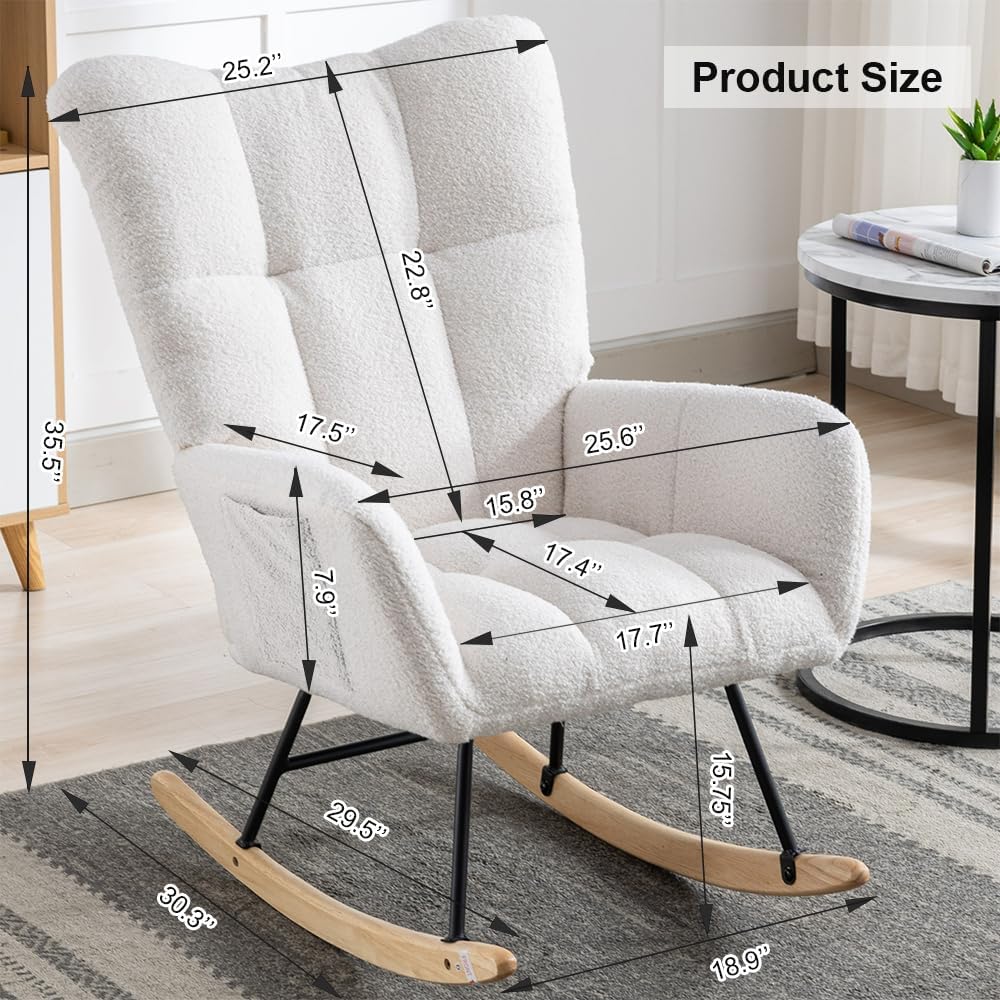 Rocking Chair Nursery, Teddy Upholstered Glider Rocker with High Backrest, Reading Chair Modern Rocking Accent Chairs Glider Recliner for Living Room, Nursery, Bedroom,White