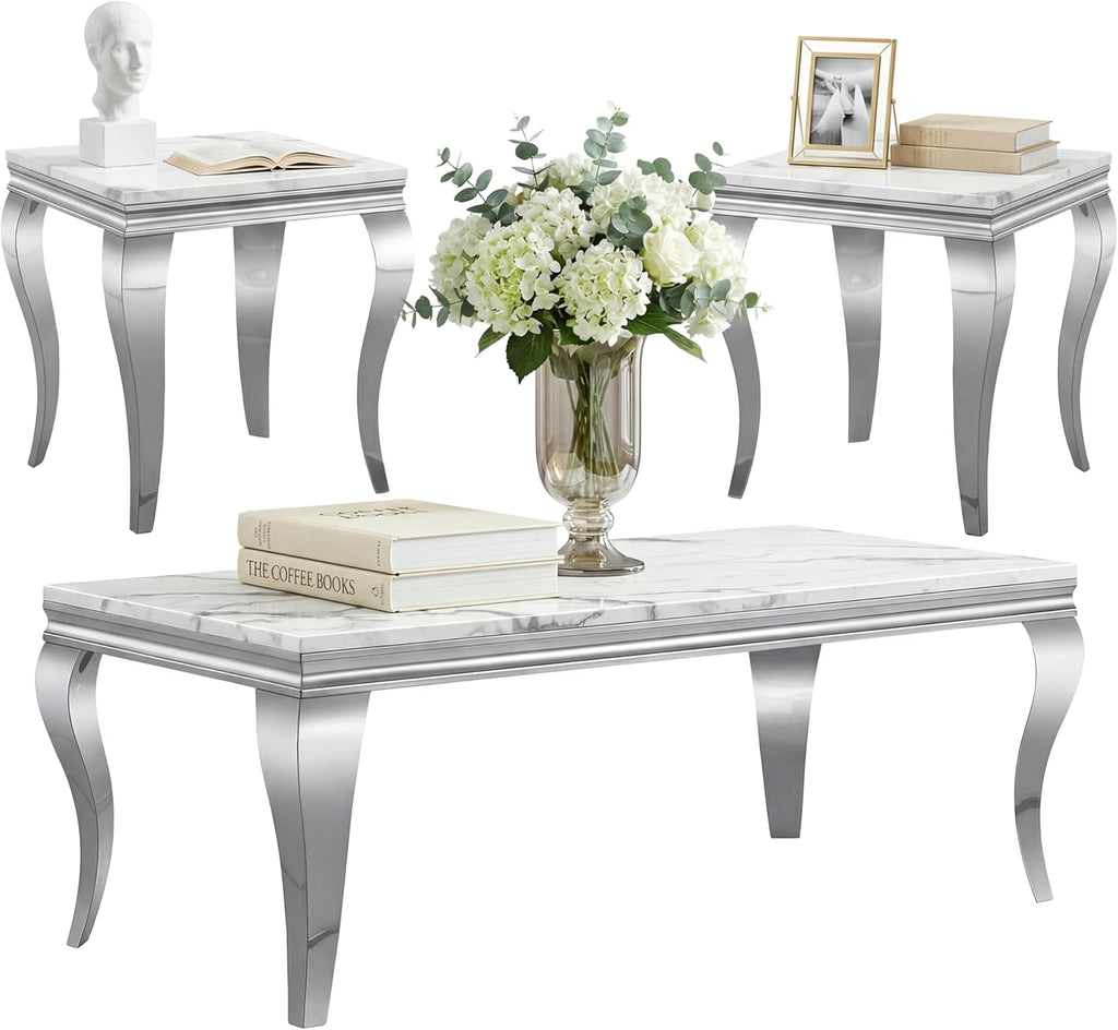 Luxury Modern Faux Marble Coffee Table Set of 3 – White MDF Marble Top with Silver Stainless Steel Base, Includes 1 Coffee Table & 2 End Tables for Living Room