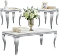 Luxury Modern Faux Marble Coffee Table Set of 3 – White MDF Marble Top with Silver Stainless Steel Base, Includes 1 Coffee Table & 2 End Tables for Living Room