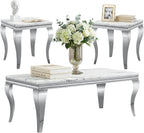 Luxury Modern Faux Marble Coffee Table Set of 3 – White MDF Marble Top with Silver Stainless Steel Base, Includes 1 Coffee Table & 2 End Tables for Living Room