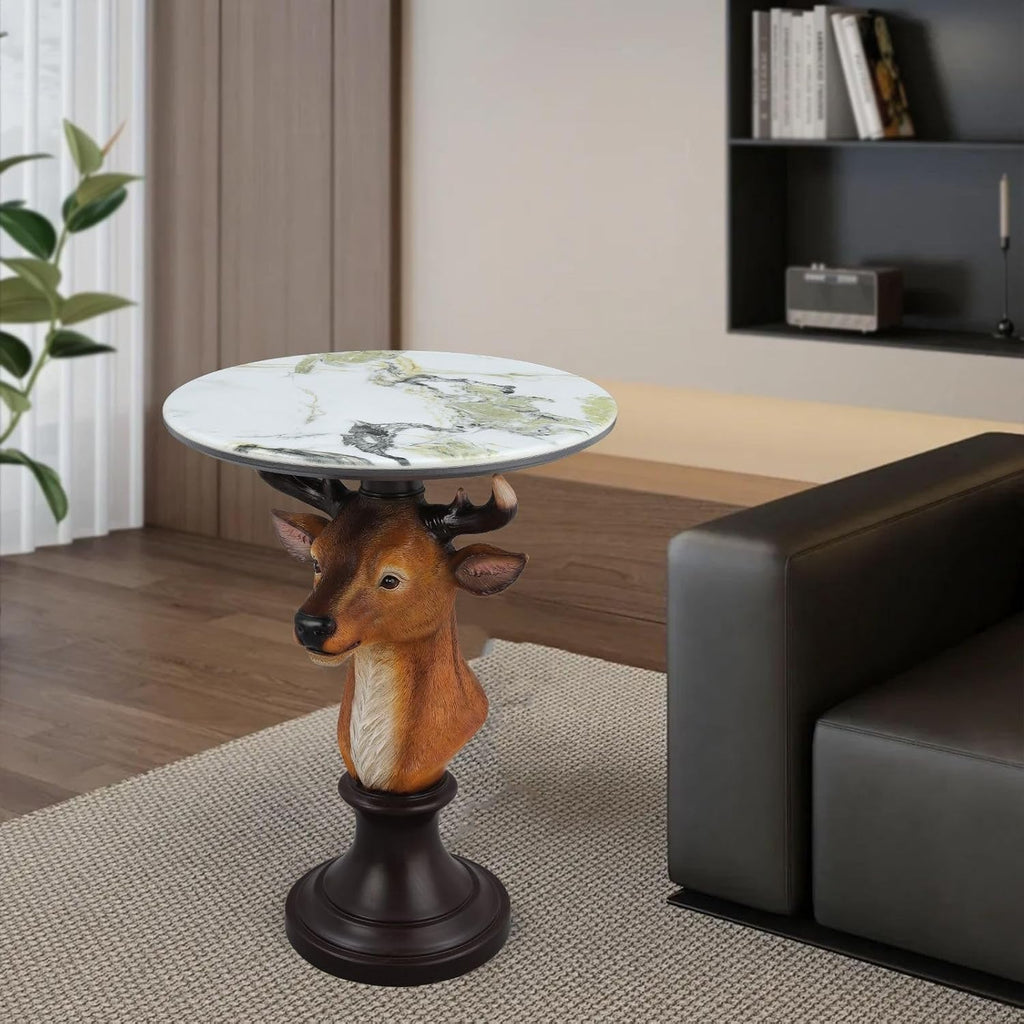 Deer Head Accent Table with Faux Marble Top, 25.59" Resin Animal Statue End Table for Living Room, Rustic Wildlife Side Table with Pedestal Base, Brown