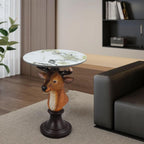 Deer Head Accent Table with Faux Marble Top, 25.59" Resin Animal Statue End Table for Living Room, Rustic Wildlife Side Table with Pedestal Base, Brown