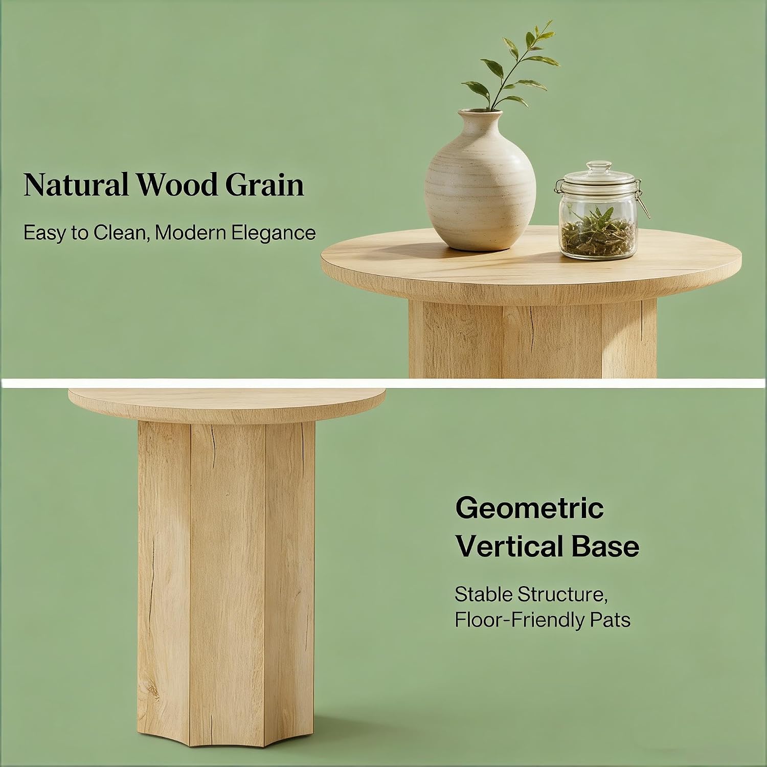 Round End Table, Modern Farmhouse Side Table with Vertical Slatted Base & Wood Grain, Compact Accent Table (19.68" L x 19.68" W x 23.62" H), Anti-Scratch Octagonal Base, Easy Assembly