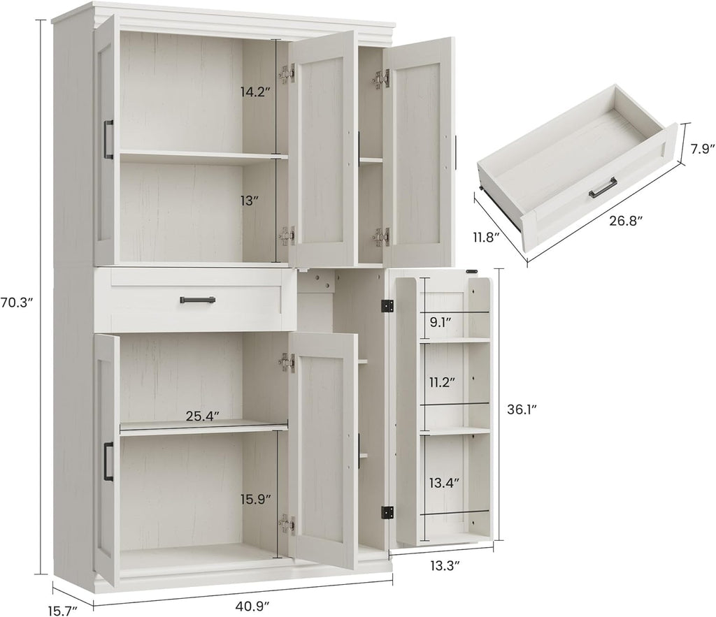 Garvee 70" Tall Kitchen Pantry Storage Cabinet, Modern Kitchen Hutch Cabinet with Doors and Shelves, Freestanding Food Pantry with Large Storage Drawer for Dining Room and Household Organization