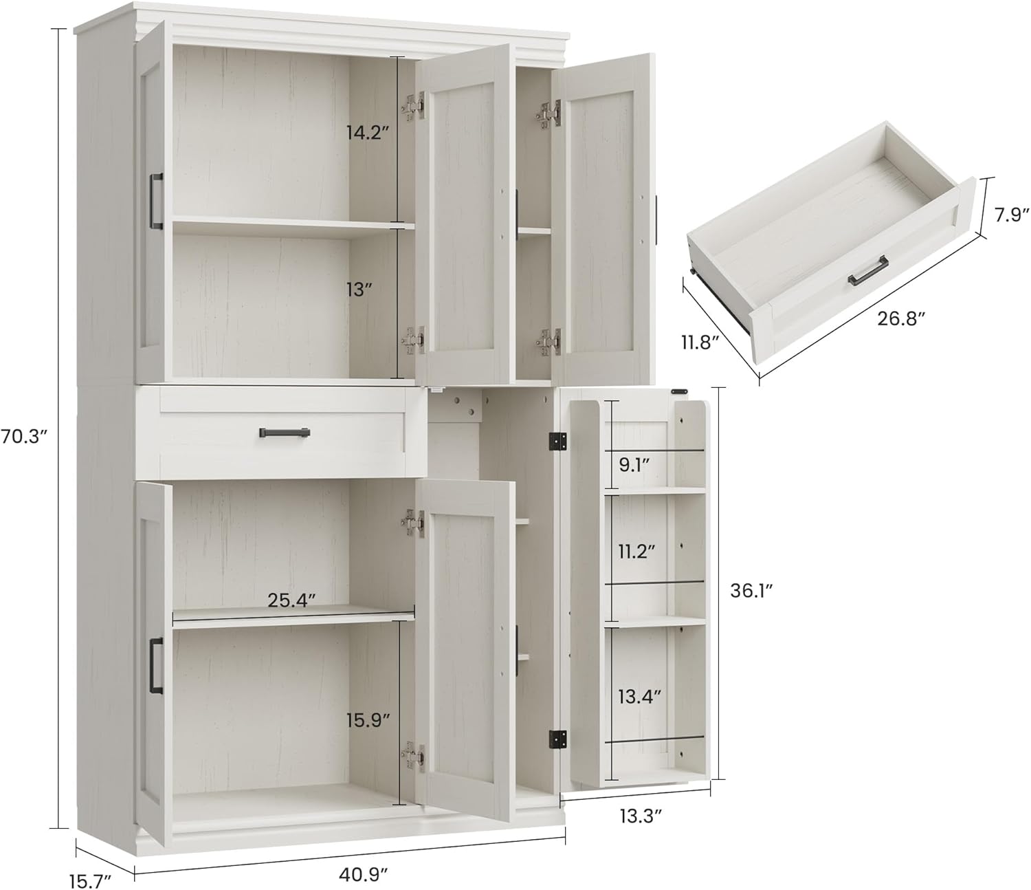 Garvee 70" Tall Kitchen Pantry Storage Cabinet, Modern Kitchen Hutch Cabinet with Doors and Shelves, Freestanding Food Pantry with Large Storage Drawer for Dining Room and Household Organization