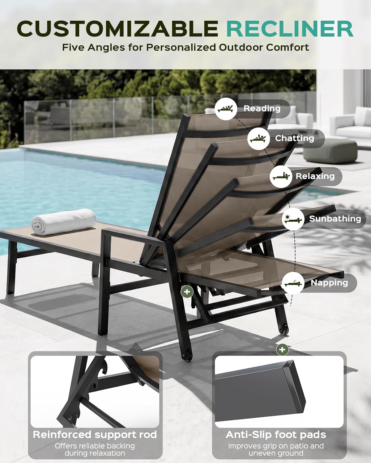 Vexwalx Patio Chaise Lounge Chair Outdoor with Wheels&Armrests, Aluminum Pool Lounge Chairs 5-Position Adjustable Recliner, Outdoor Beach Lounge Chairs for Outside, Patio, Deck, Yard, Khaki