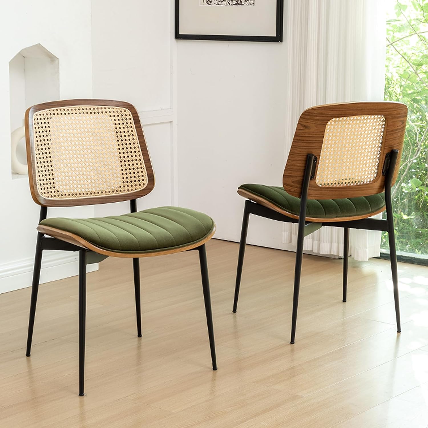 Rattan Dining Room Chairs Set of 2, Mid Century Modern Kitchen Chairs,Green Velvet Walnut Wood Finish Side Chair, Metal Legs Chair with Rattan Backrest,Green Fabric