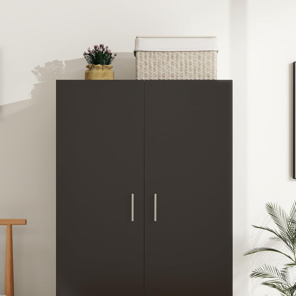 Panana 2 Door Wood Wardrobe Cabinet Closet with Hanging Rail and 2 Shelves, Bedroom Armoire for Storage (Black)