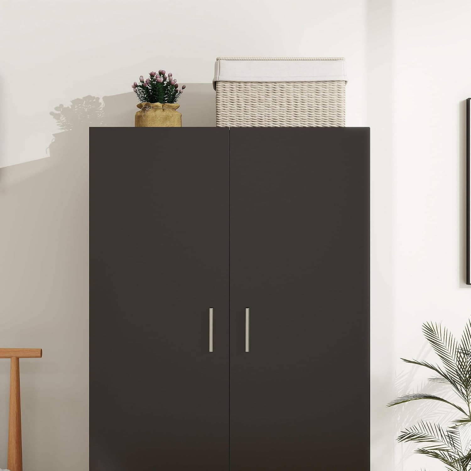 Panana 2 Door Wood Wardrobe Cabinet Closet with Hanging Rail and 2 Shelves, Bedroom Armoire for Storage (Black)