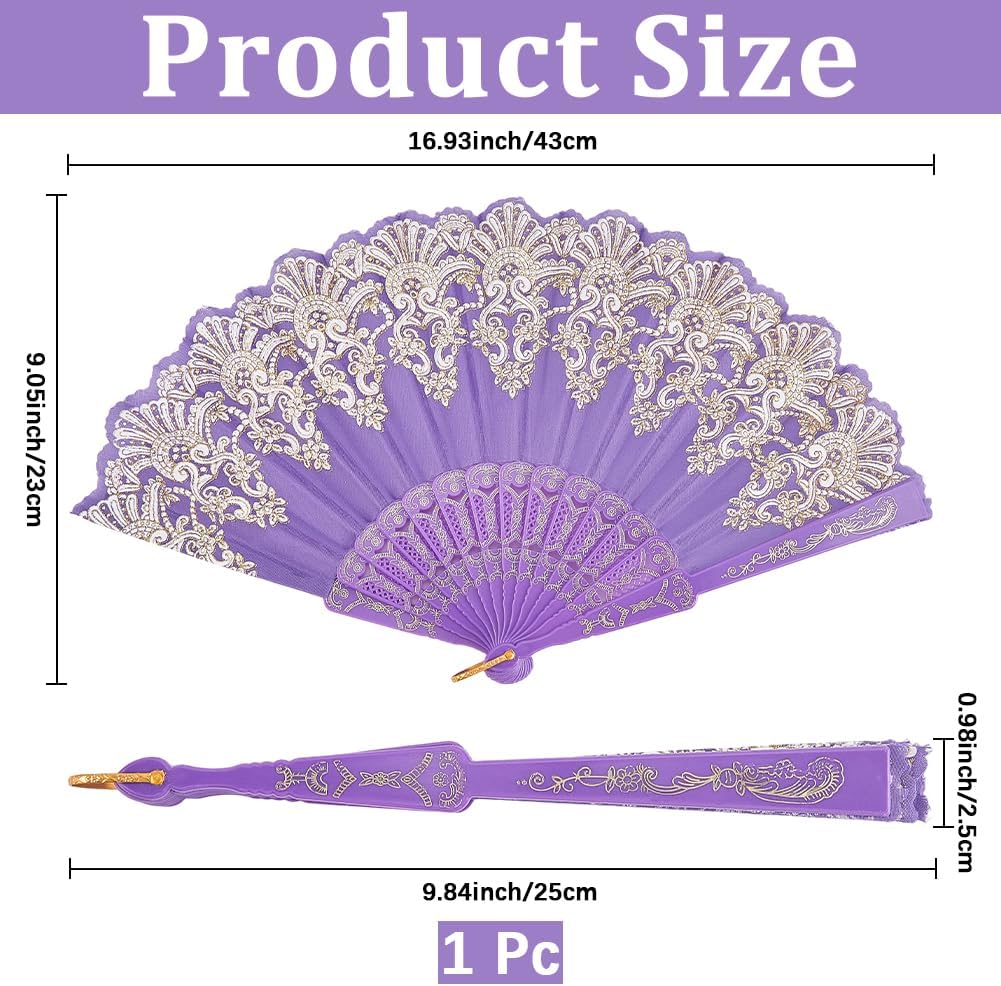 CREATCABIN Blue Violet Handheld Folding Fan for Women Foldable Chinese Japanese Vintage Fan Plastic Embroidered Flower Flapper Hand for Party Wedding Church Dancing Show Decoration 23x42cm