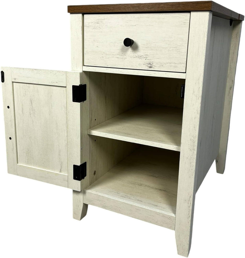 Farmhouse End Table Bedside Table with Charging Station,Night Stand with Barn Door and Drawer, Storage for Bedroom Living Room,for Small Spaces