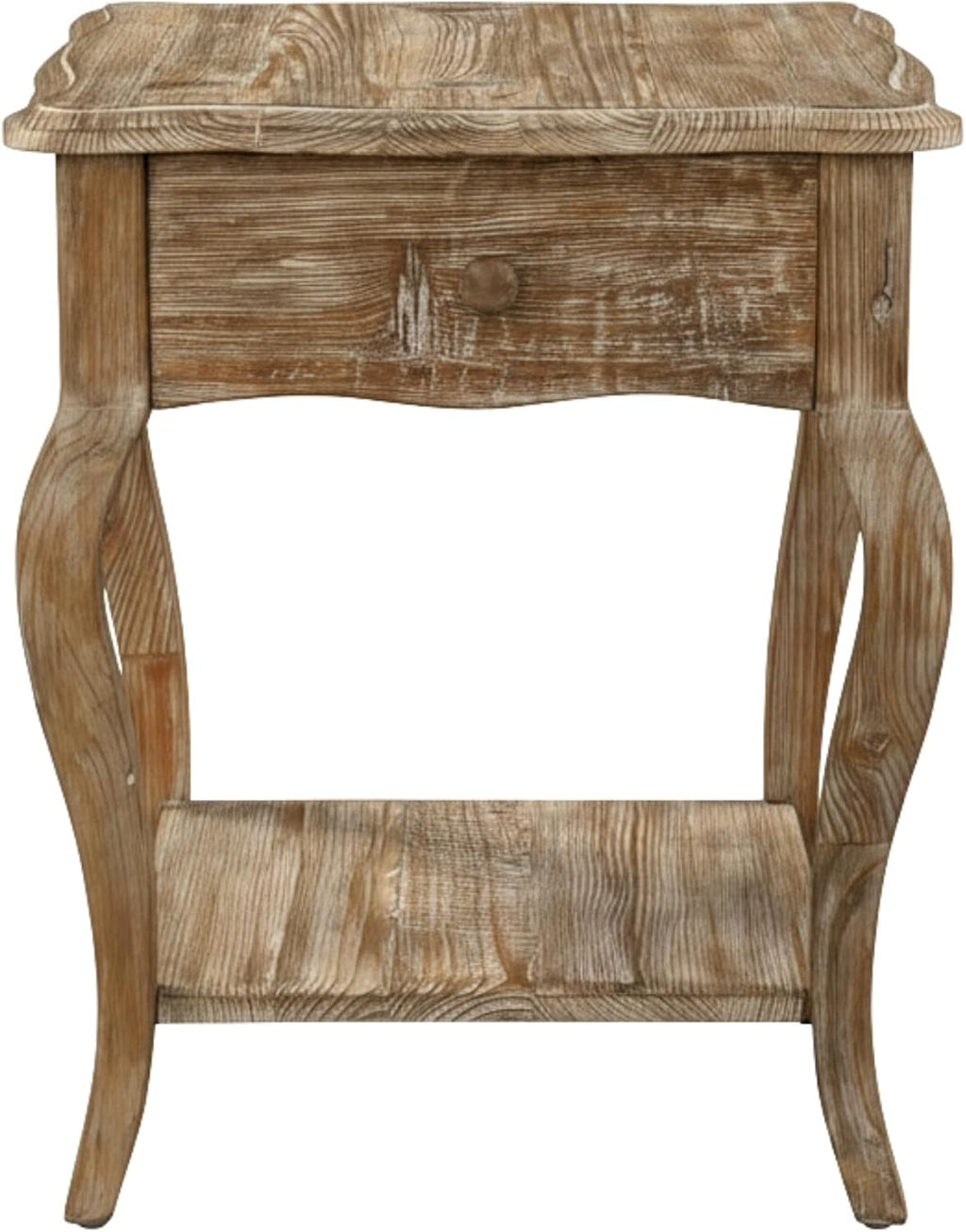 Austerity 20-Inch Rectangular Rustic Solid Wood End Table with Drawer and Shelf – Cedar Wood, Driftwood Finish, Queen Anne Legs, Scalloped Edges – Living Room Accent Table by Alaterre Furniture