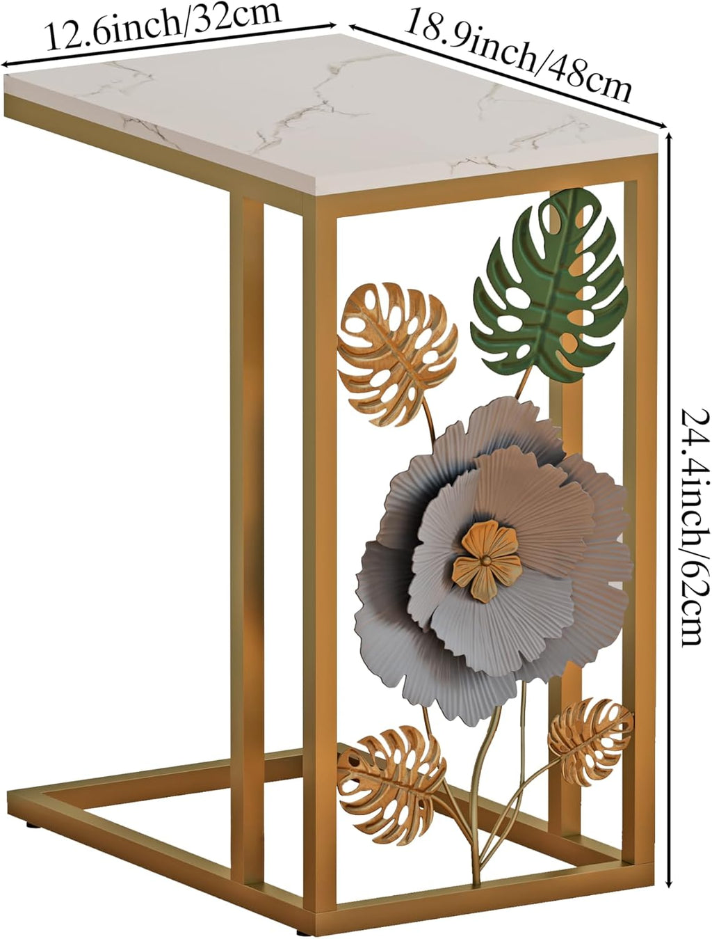 Antique C-Shape End Table with Faux Marble Top and Metal Flower Design, Narrow Gold Couch Side Table for Drink and Snack, Bedside Table, Laptop Table for Living Room, Bedroom