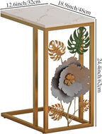 Antique C-Shape End Table with Faux Marble Top and Metal Flower Design, Narrow Gold Couch Side Table for Drink and Snack, Bedside Table, Laptop Table for Living Room, Bedroom