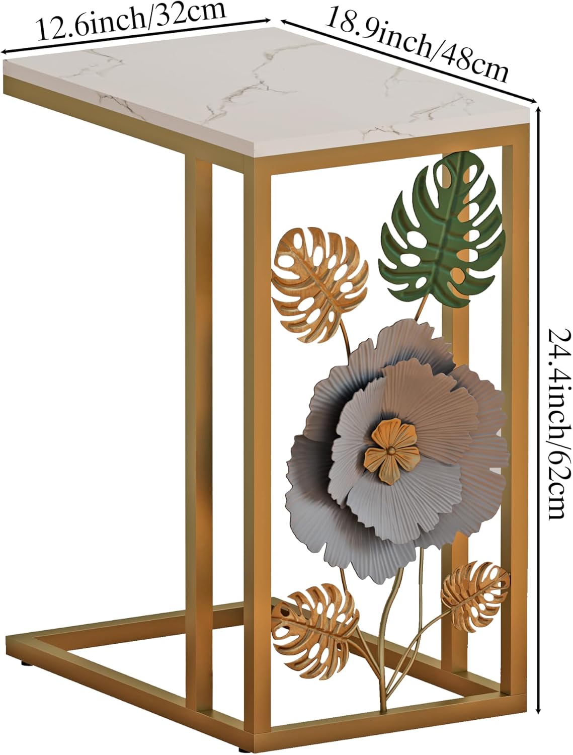 Antique C-Shape End Table with Faux Marble Top and Metal Flower Design, Narrow Gold Couch Side Table for Drink and Snack, Bedside Table, Laptop Table for Living Room, Bedroom