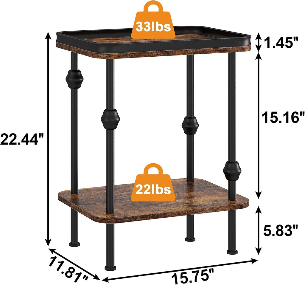 Farmhouse Rectangular Side Table with Storage Shelf,2 Tier End Table with Raised Edge Tray Top, Accent Sofa Table for Small Space, Living Room, Bedroom,Rustic Brown