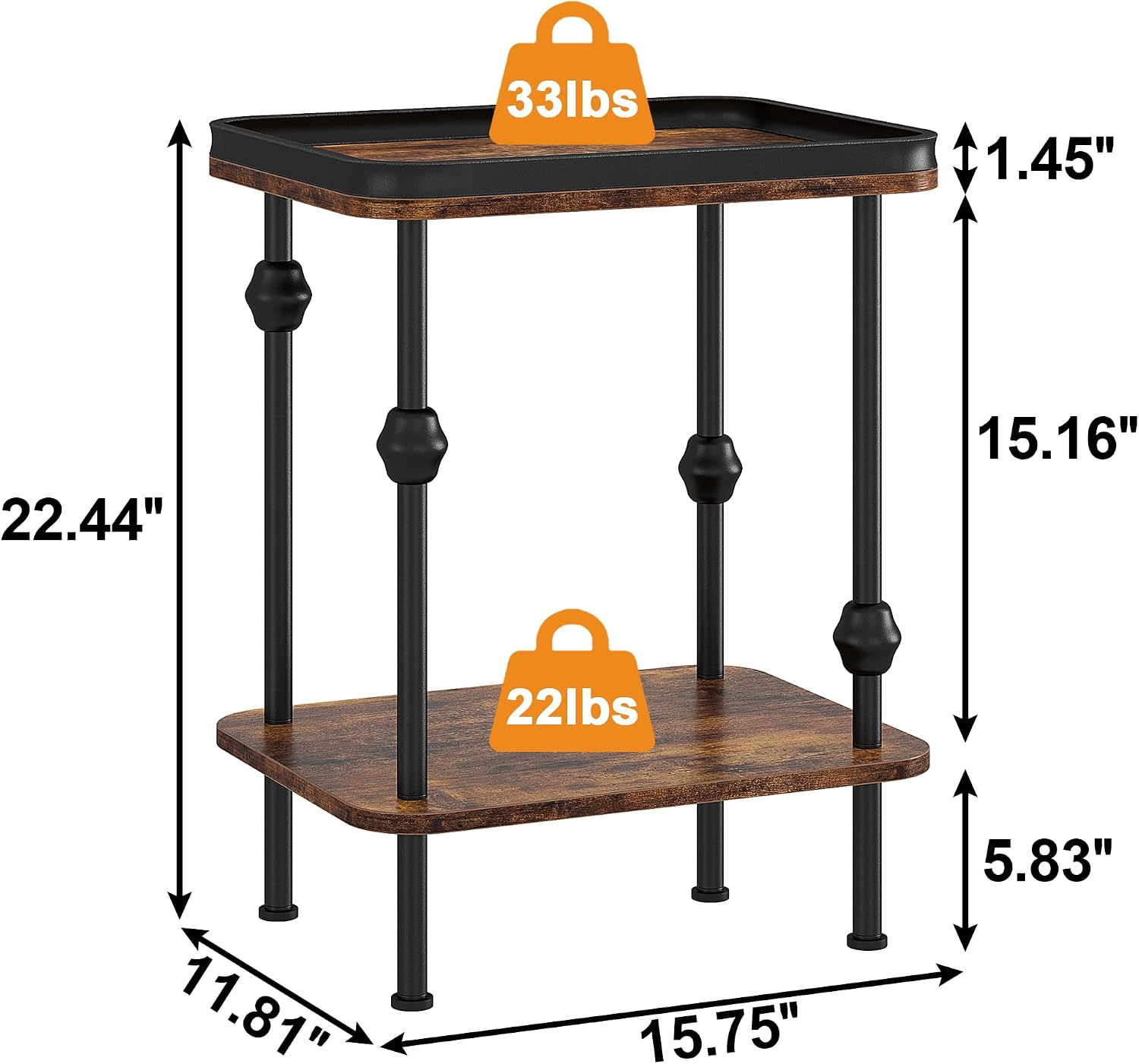 Farmhouse Rectangular Side Table with Storage Shelf,2 Tier End Table with Raised Edge Tray Top, Accent Sofa Table for Small Space, Living Room, Bedroom,Rustic Brown
