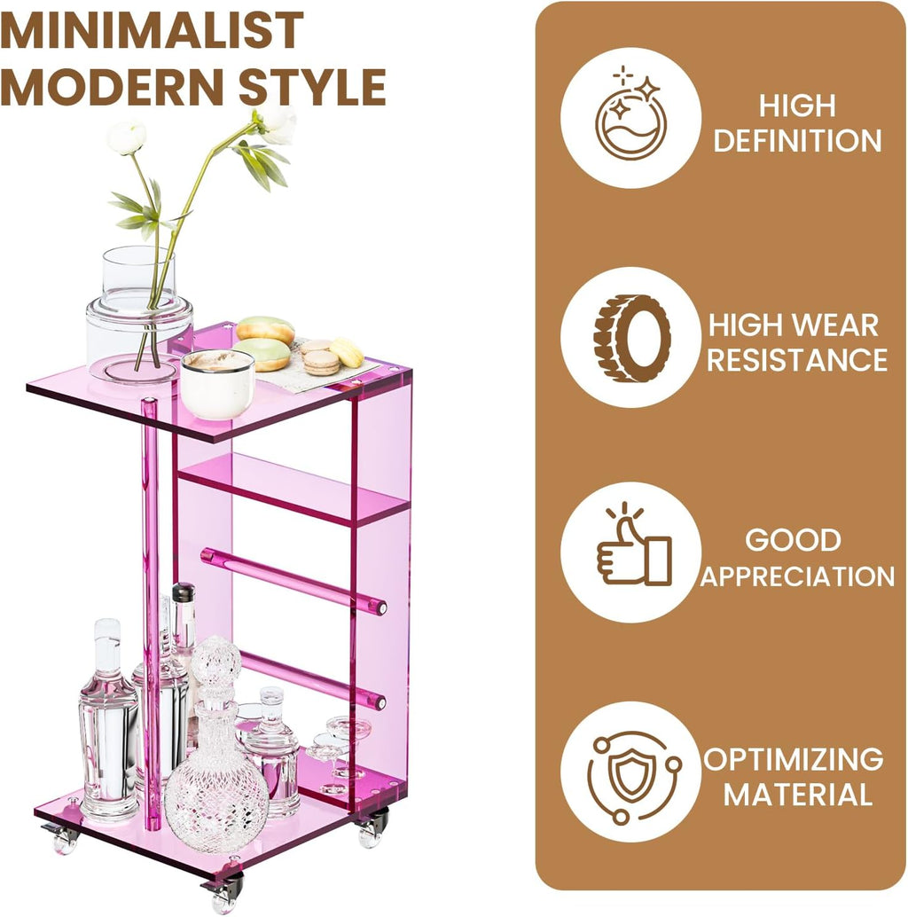 Dethan Clear Acrylic C Shaped Side Table with Wheels – Small Modern End Table, Rolling Coffee Snack Table for Living Room, Bedroom, Sofa, Bedside, Pink