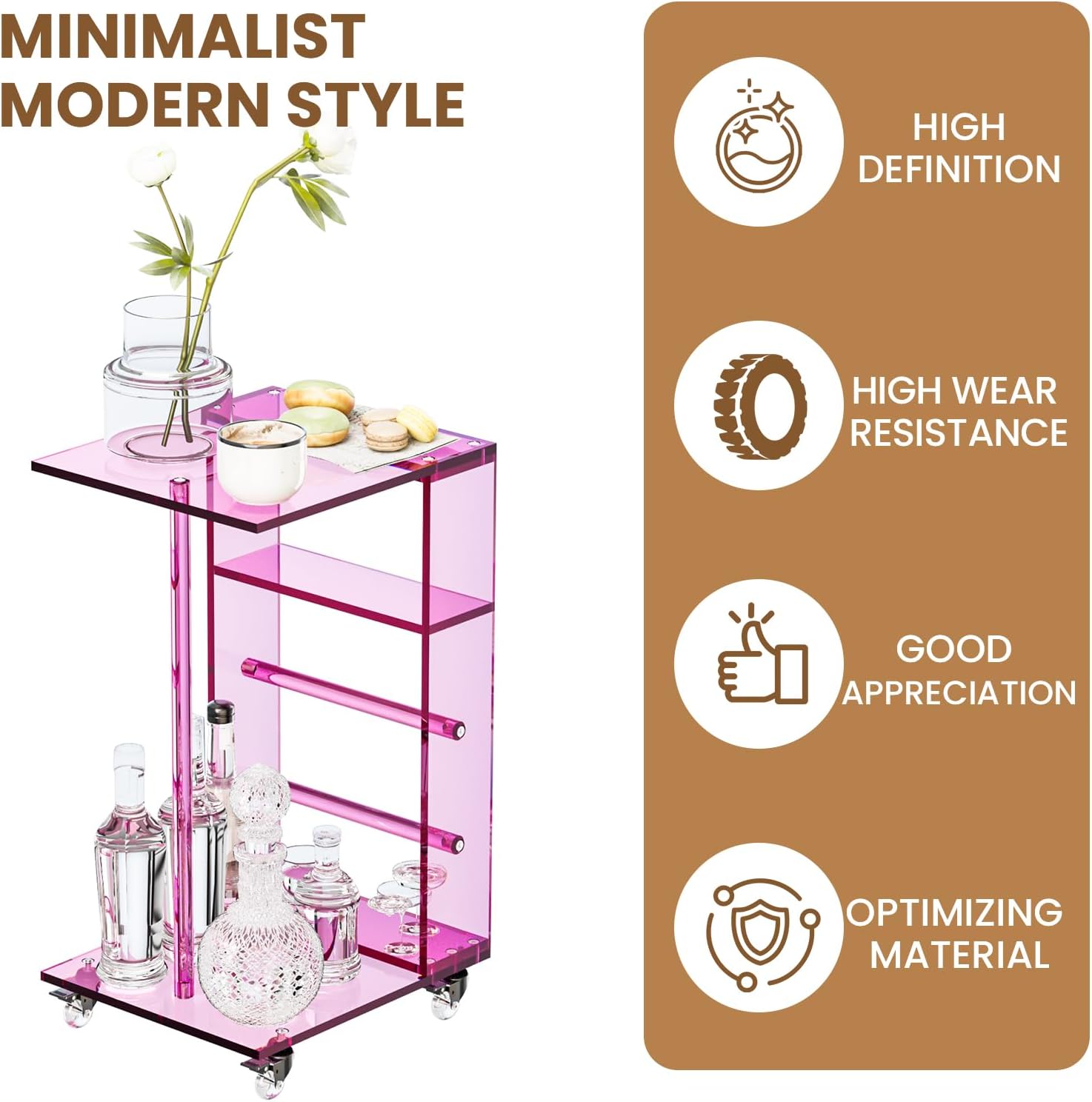 Dethan Clear Acrylic C Shaped Side Table with Wheels – Small Modern End Table, Rolling Coffee Snack Table for Living Room, Bedroom, Sofa, Bedside, Pink