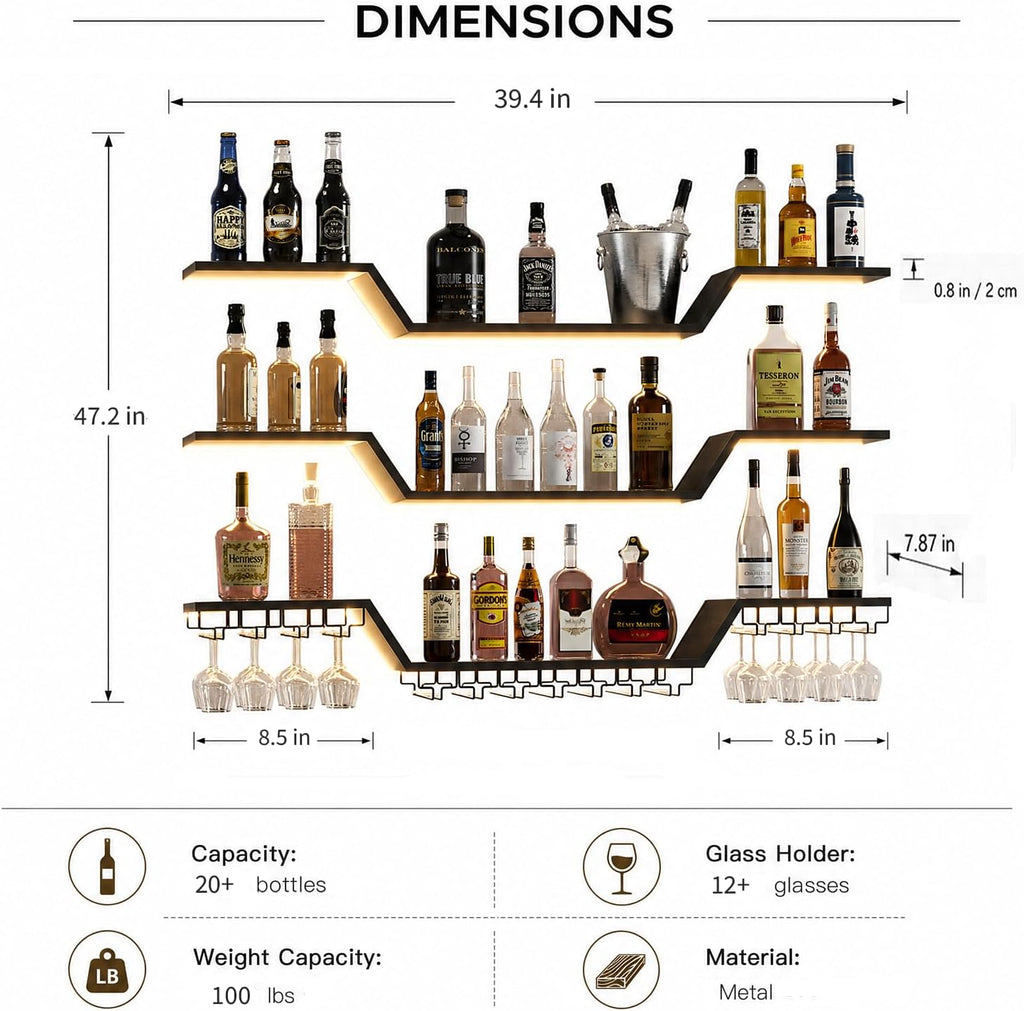 Wall Mounted Wine Rack with LED Lights, 3-Tier Floating Bar Shelves, Hanging Liquor & Wine Glass Rack for Home Bar, Cafe, Dining Room Decor (Black, 39.4" W)