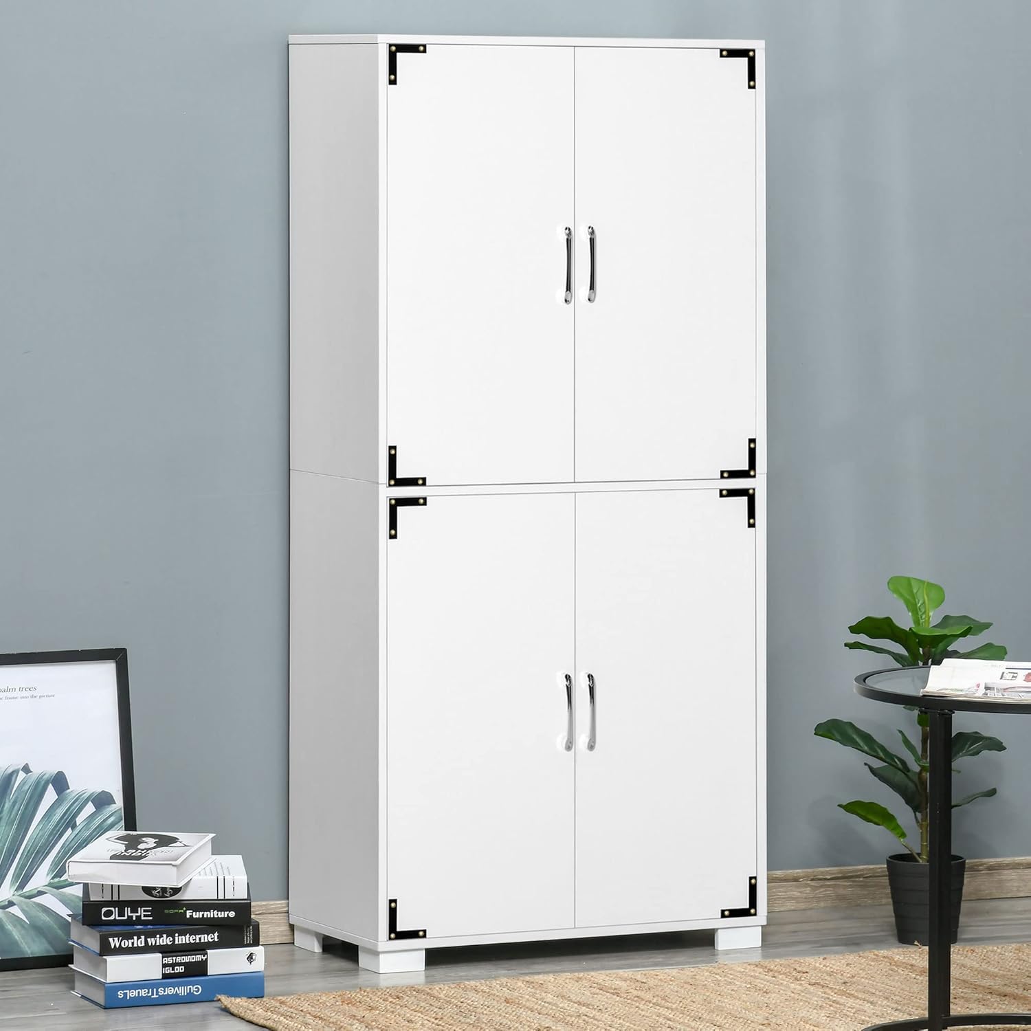 29.5" D*13.75" W*63" H Freestanding Kitchen Pantry with 4 Shelves, 2 Double Doors, Rectangular Wood Storage Cabinet, Modern Minimalist, Easy Assembly, for Living Room, Dining Room, White