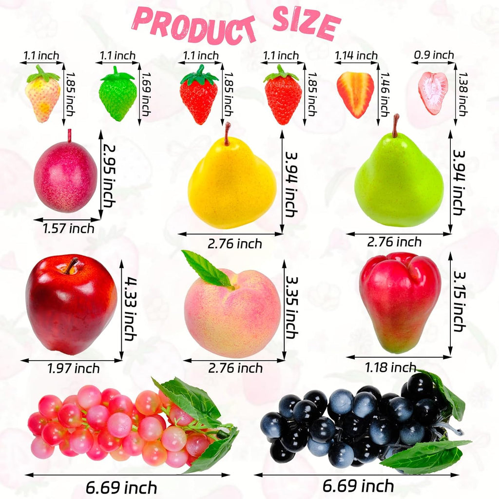 24Pcs Realistic Artificial Fruit Set,Fake Strawberries Grapes Plastic Wax Apples Pears Peaches Passion Fruits,Plastic Lifelike Fruits for Home Kitchen Cabinet Table Decor,Photography Props