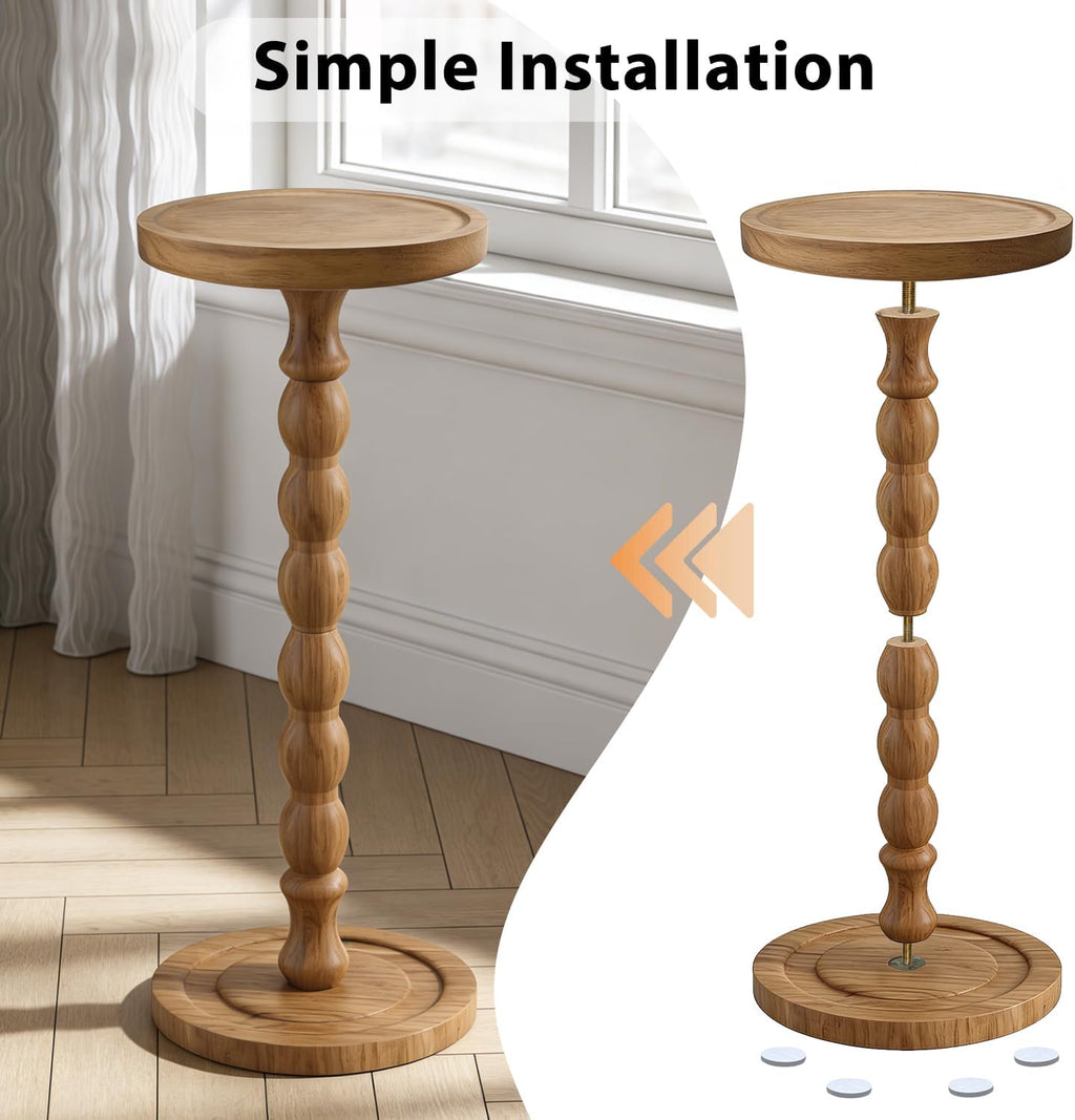 Small Round Side Table for Small Spaces, Wood Pedestal Drink Table & Narrow End Table for Living Room Couch, Modern Bedside Nightstand for Bedroom & Nursery（Walnut）