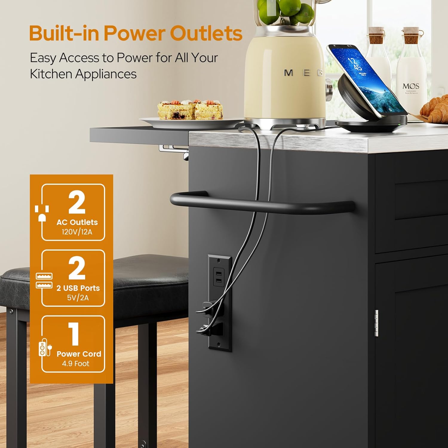 Concho 41'' Kitchen Island with Seating and Stainless Steel Countertop, Rolling Kitchen Carts on Wheels with Folding Drop Leaf, Bar Stool, Power Outlet, Spice/Towel Rack, Storage Cabinets, Walnut