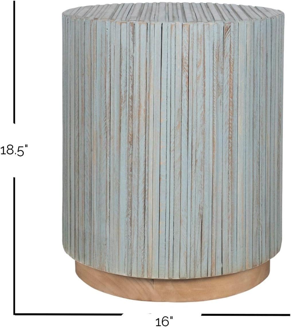 East at Main Monroe Blue Wash Teak End Table – Round Accent Table for Living Room, Bedroom, or Entryway – Solid Wood Handmade Nightstand for Coastal, Boho, and Modern Farmhouse Décor