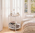 TeoKJ 2 Tier Round Side Table, Folding Round Metal End Table Small Nightstand with Two Removable Tray for Bedroom Living Room Bedside Small Spaces White