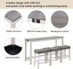 LKTART Bar Table and Chairs Set, 4 Piece Counter Height Bar Table Set with Power Outlet and 3 Upholstered Stools, Industrial Breakfast Table for Living Room, White & Grey