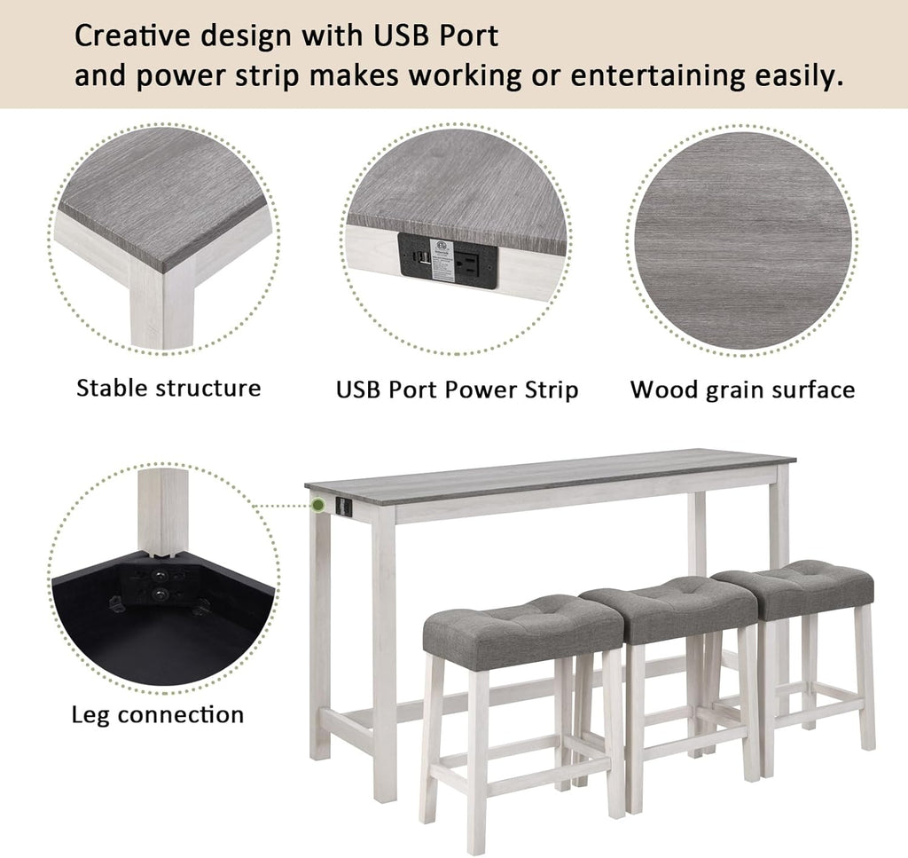 59'' Dining Bar Table and Chairs Set with Power Outlet, 4-Piece Industrial Breakfast Table Set with 3 Padded Stools, Wood Console Table Set for Kitchen Living Room Dining Room, White Grey