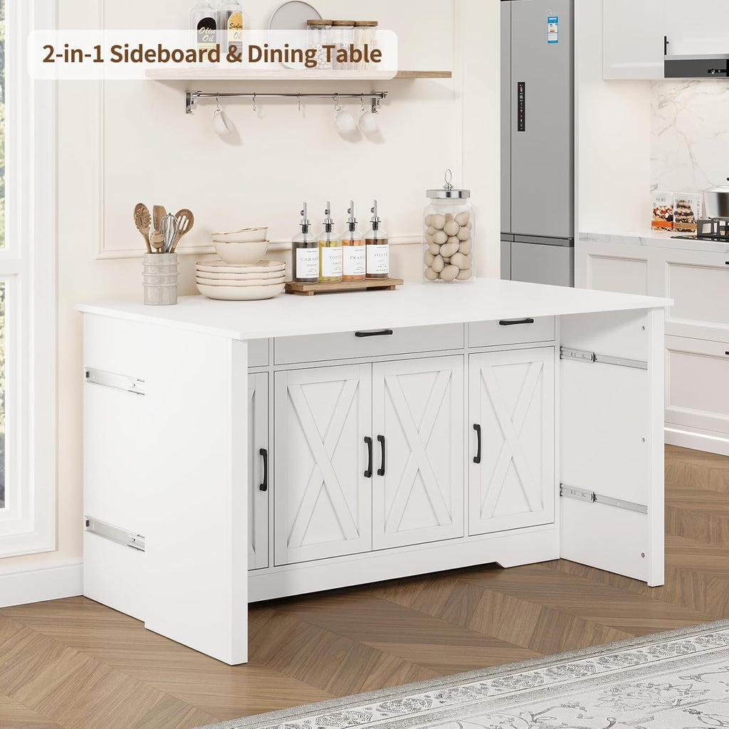 Yanosaku 55" Extendable Buffet Cabinet, Modern Farmhouse Kitchen Sideboard with 3 Drawers & Adjustable Shelves, Space-Saving Storage Credenza for Apartment, Small Spaces, Living Room, White