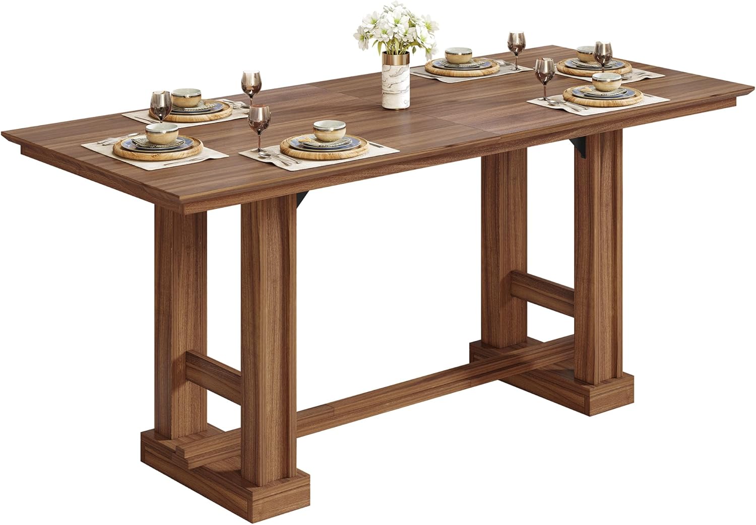 DWVO Farmhouse Dining Table for 6-8 People, 70" Long Kitchen Tables with Wooden Sturdy Legs, Large Rectangular Dinner Table for Kitchen, Dining Room, Living Room, Dark Walnut