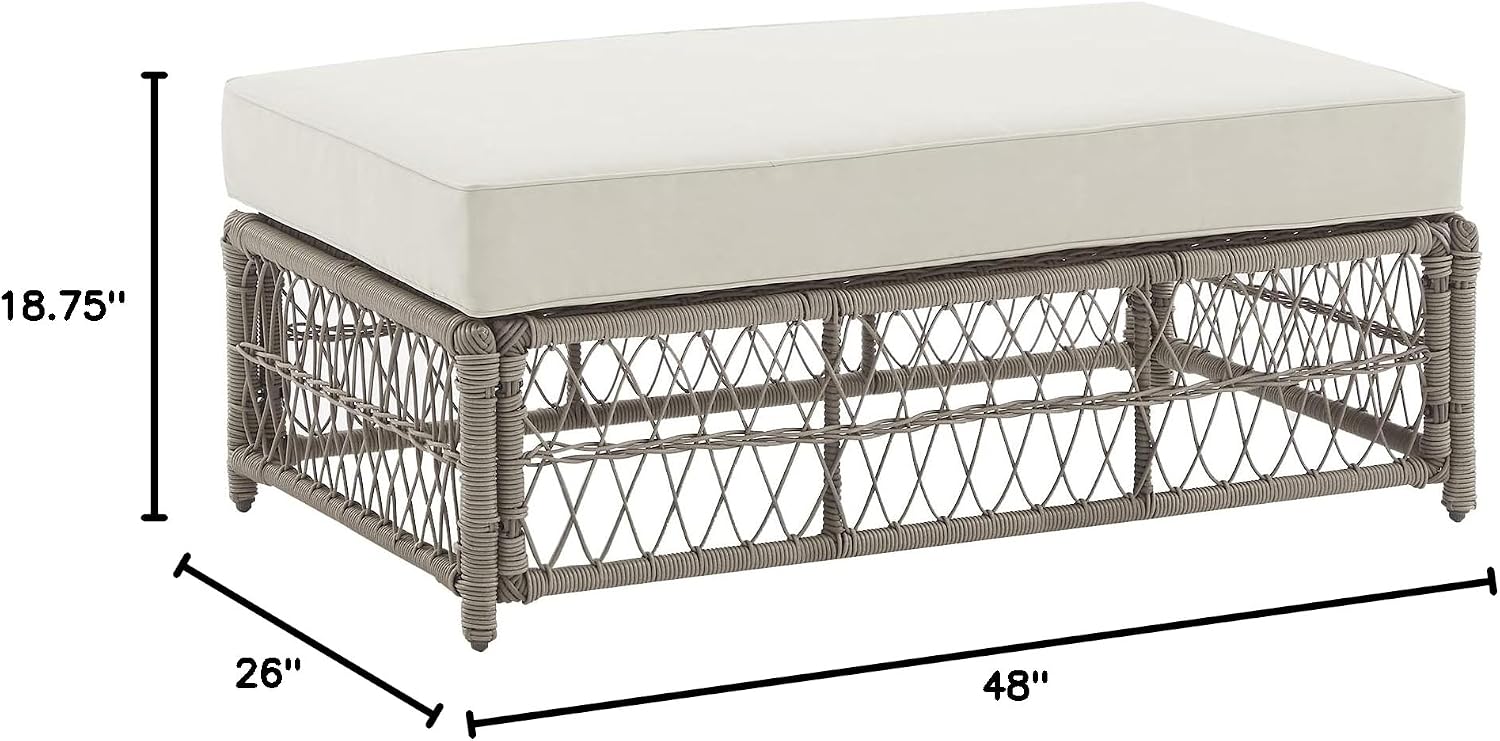 Crosley Furniture Thatcher Wicker Coffee Table and Ottoman Foot Rest for Porch, Deck, Backyard, Driftwood with Creme Cushions