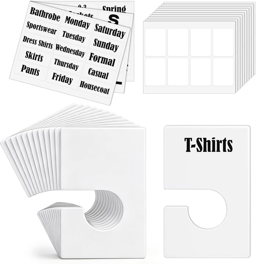 42 Pack Clothing Rack Dividers with 42 Blank Labels & 3 Letter Stickers, White PVC Closet Organizers for Hanging Clothes (2.4 x 1 Inch Labels)