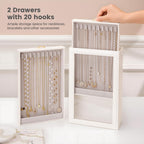 Lolalet Necklace Organizer Box, Jewelry Storage Box with Clear Window for Necklaces Bracelets, Tangle-Free Necklace Display Case for Women Girls, White, 2 Layers 20 Hooks