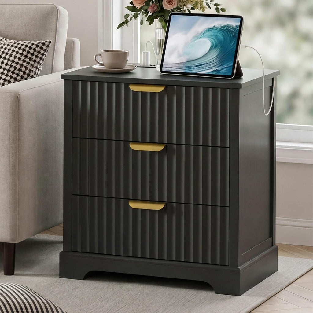 Fluted Nightstand Set of 2, 3 Drawers Modern | Metal Handles, Large Bedside Table, Bedroom, Charging Stations With USB-C Port, Black