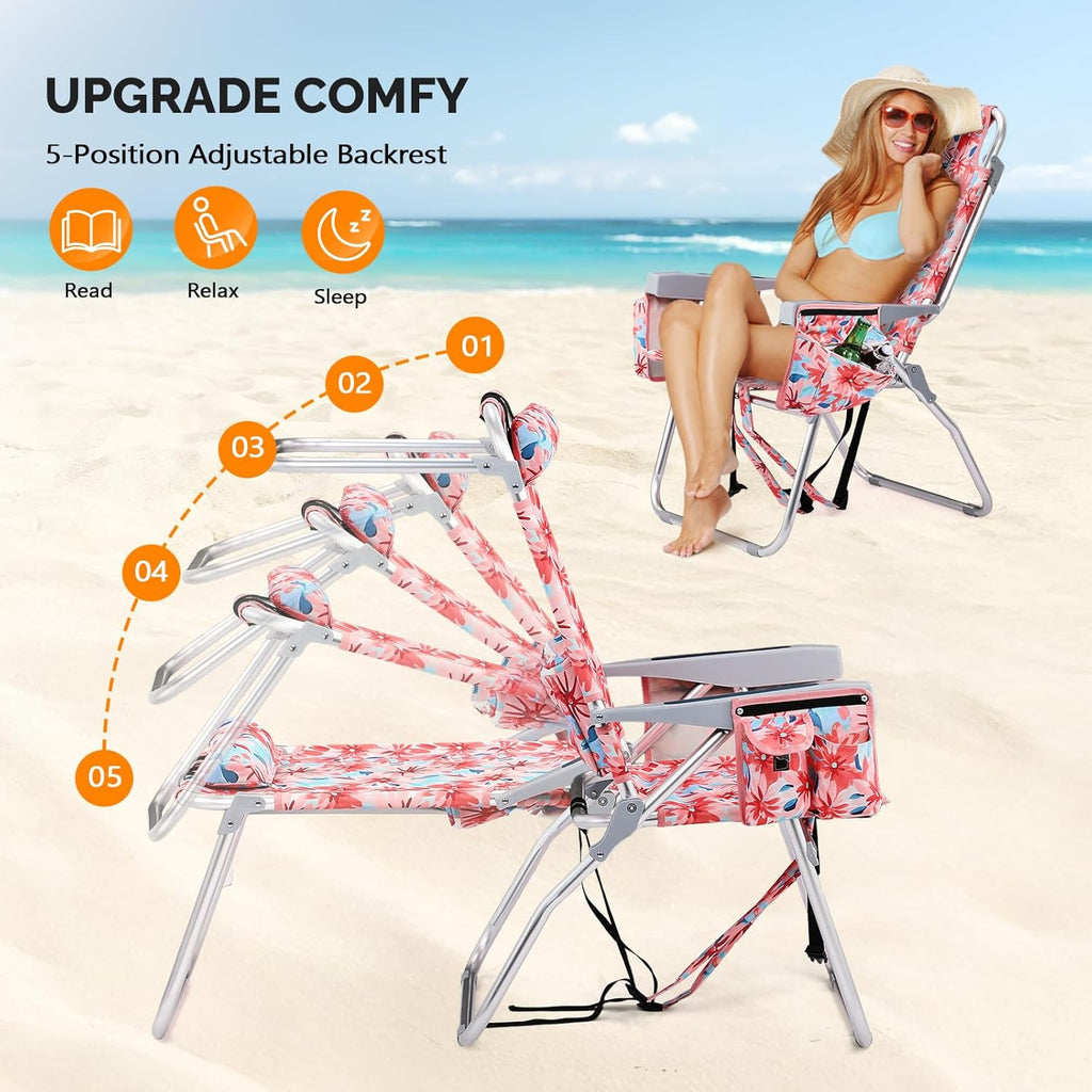 VINGLI Tall Beach Chair 2 Pack Lightweight, Backpack Beach Chair for Adults with 5-Position, Cooler Bag, Cup Holders, Towel Bar, Lightweight Folding Beach Camping Chairs
