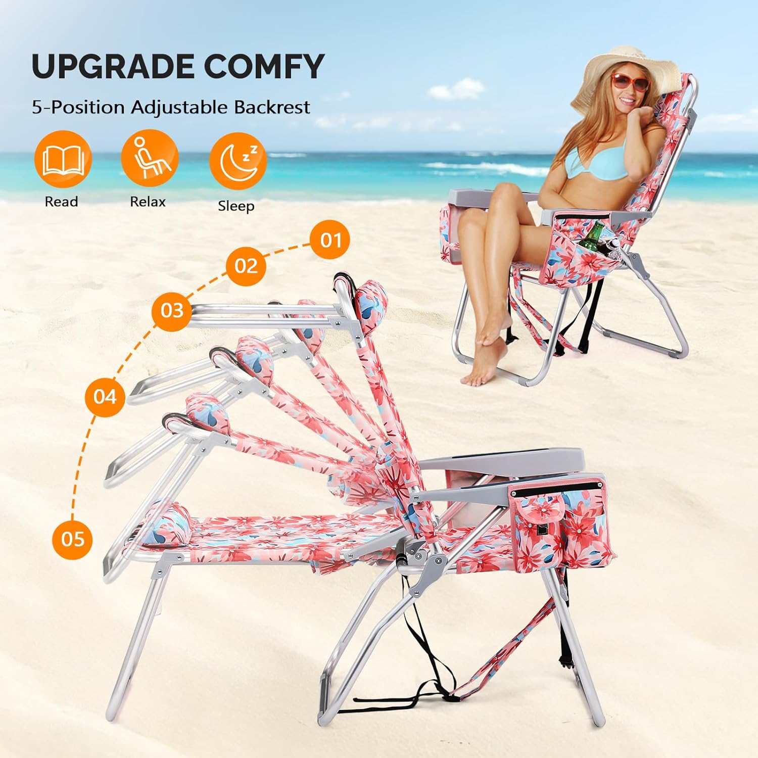 VINGLI Tall Beach Chair 2 Pack Lightweight, Backpack Beach Chair for Adults with 5-Position, Cooler Bag, Cup Holders, Towel Bar, Lightweight Folding Beach Camping Chairs