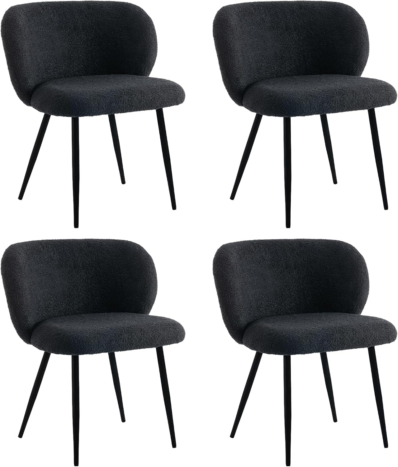 Modern Teddy Dining Chairs Set of 4, Comfy Kitchen Armless Chairs with Thick Cushions, Wingback Chair, Upholstered Dining Room Chairs with Metal Legs for Dining Room, Living, Black