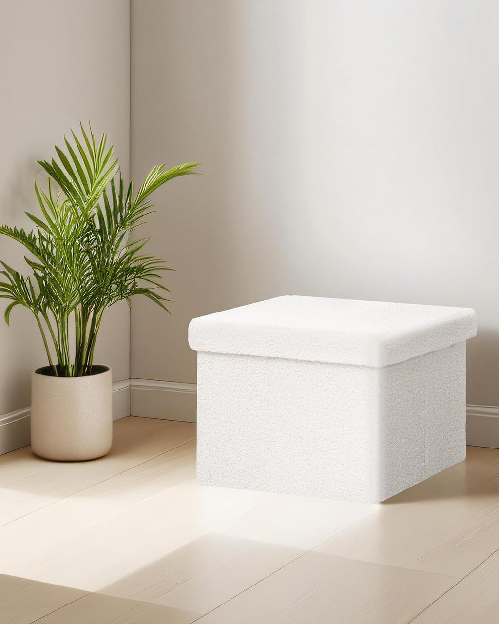 Small Ottoman with Storage, Sherpa Storage Ottoman Cube, Boucle Folding Foot Rest for Dorm, Living Room, Bedroom, White, 16.5"x12.6"x12.6"