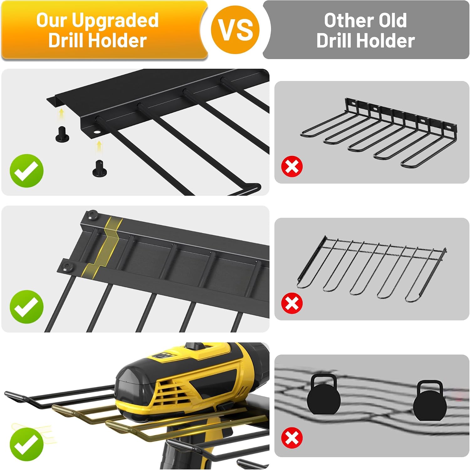 Power Tool Organizer Wall Mount with Charging Station & 8 Outlet,3 Layer Heavy Duty Metal Rack Loads 200lbs for Garage Organization,4 Cordless Drill Holders,Day Gift for Men,Glossy Black