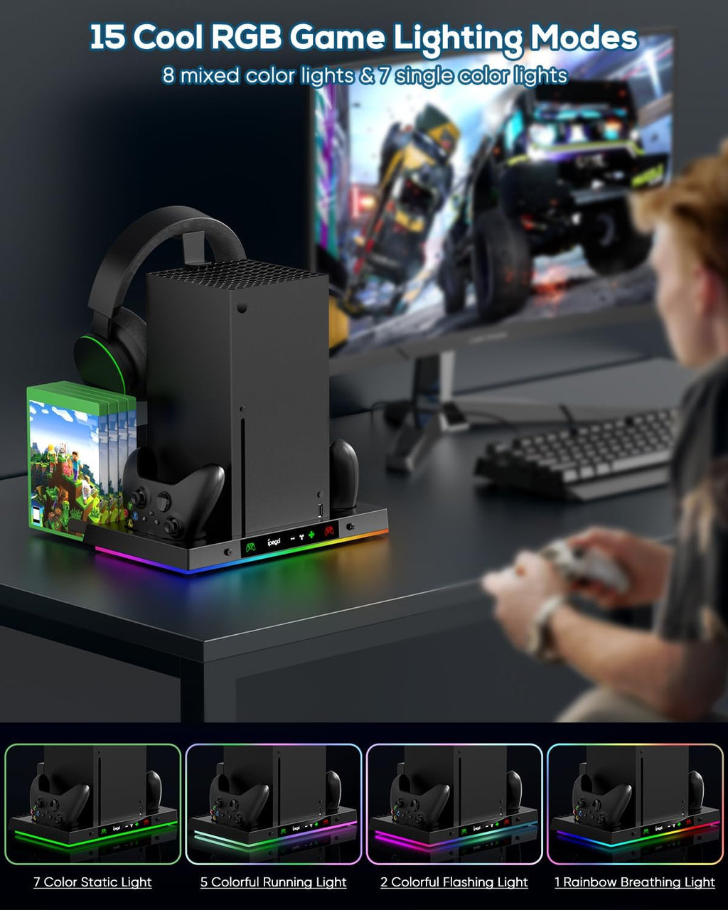 MENEEA Upgraded Cooling Fan Charging Station for Xbox Series X Console & Controller, Dual Charger Dock & Cooler System Stand with 15 Colorful Lights for Xbox Series X Accessories Kit